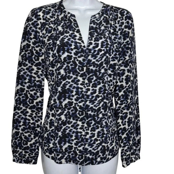 Rebecca Taylor size 2 blue leopard print silk blouse long sleeves - Picture 2 of 9